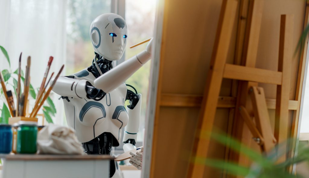 Creative humanoid robot working in the art studio, she is painting on canvas