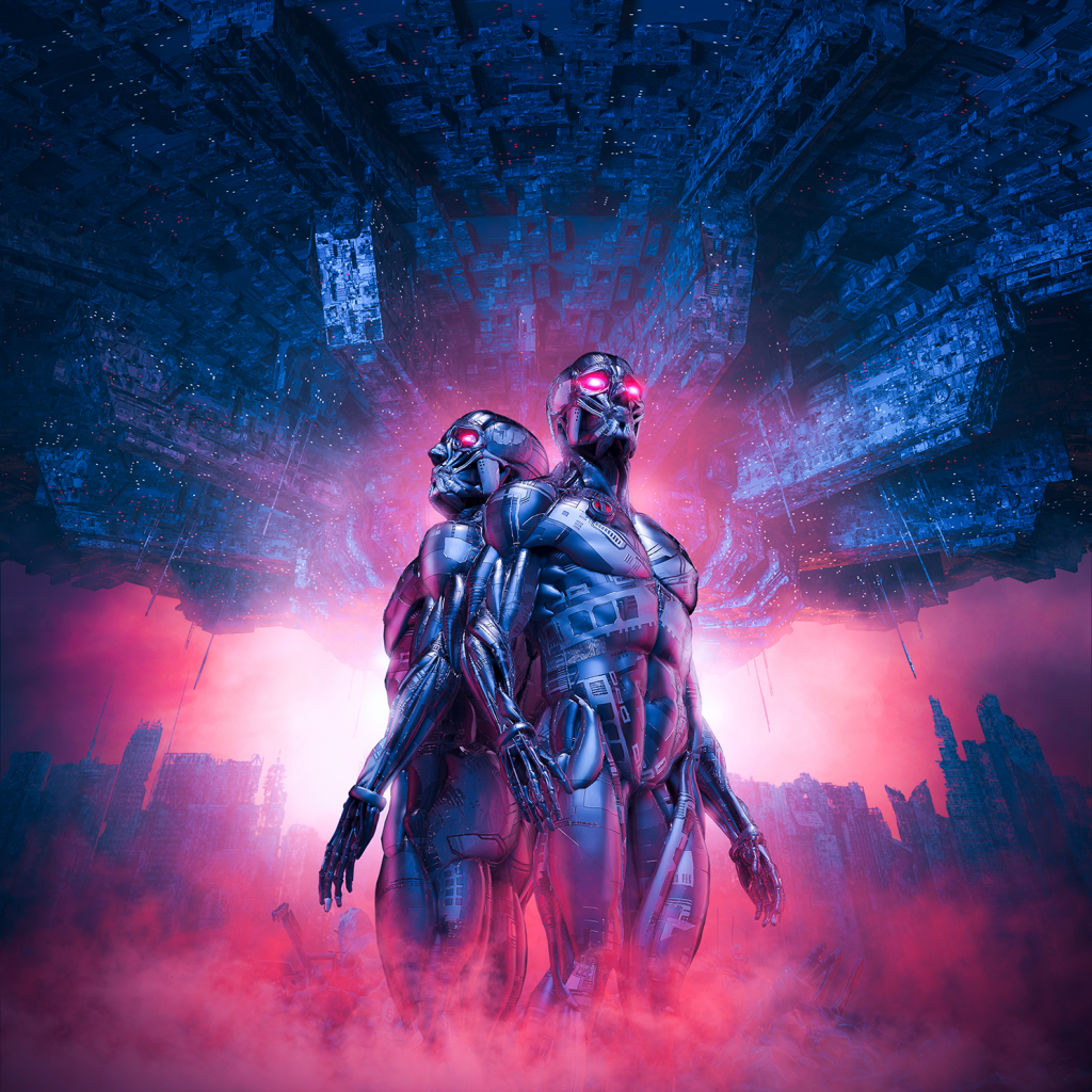 Two cyborg robots stand amidst a futuristic world