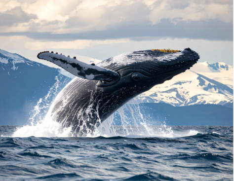 A humpback whale breaching out of the water with snow-capped mountains in the background.