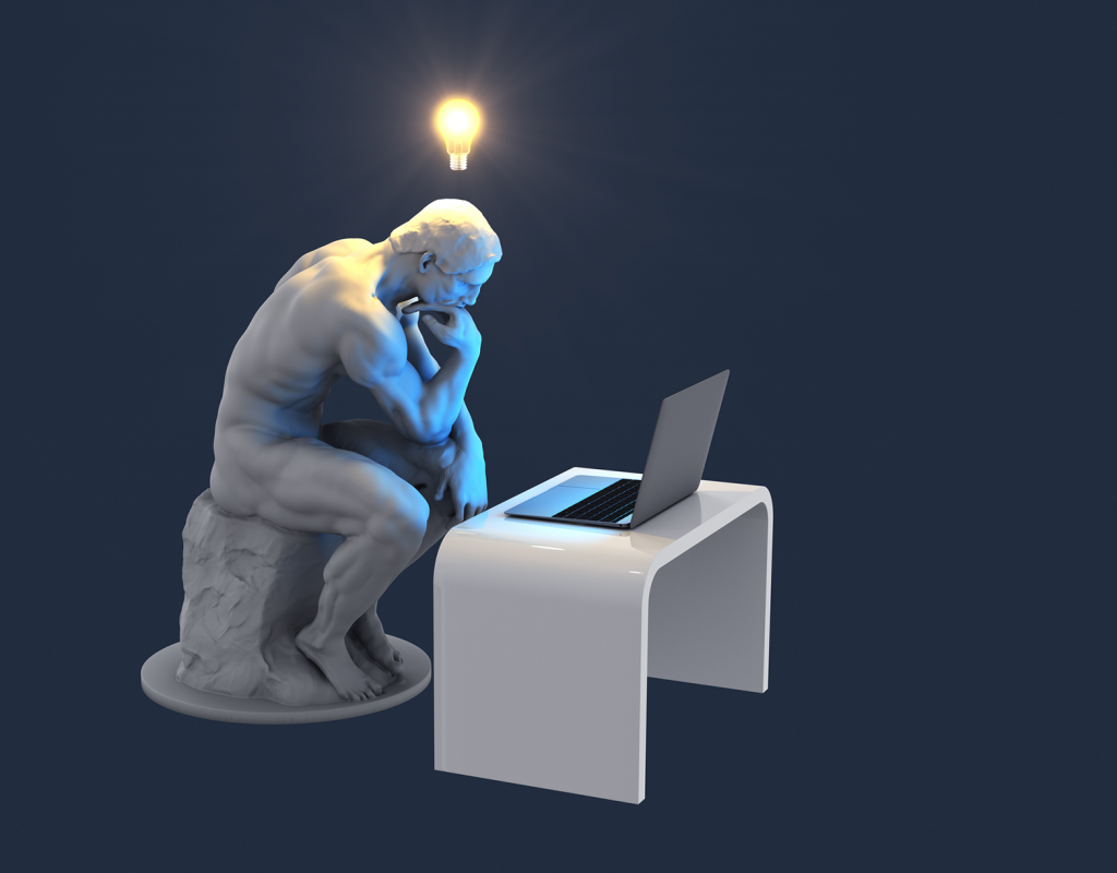 A classical stone statue looking at a modern laptop with a lit lightbulb above his head