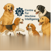 A lightbulb inside a cog shape surrounded by six dogs of different breeds. The bottom part of the image is blurred.